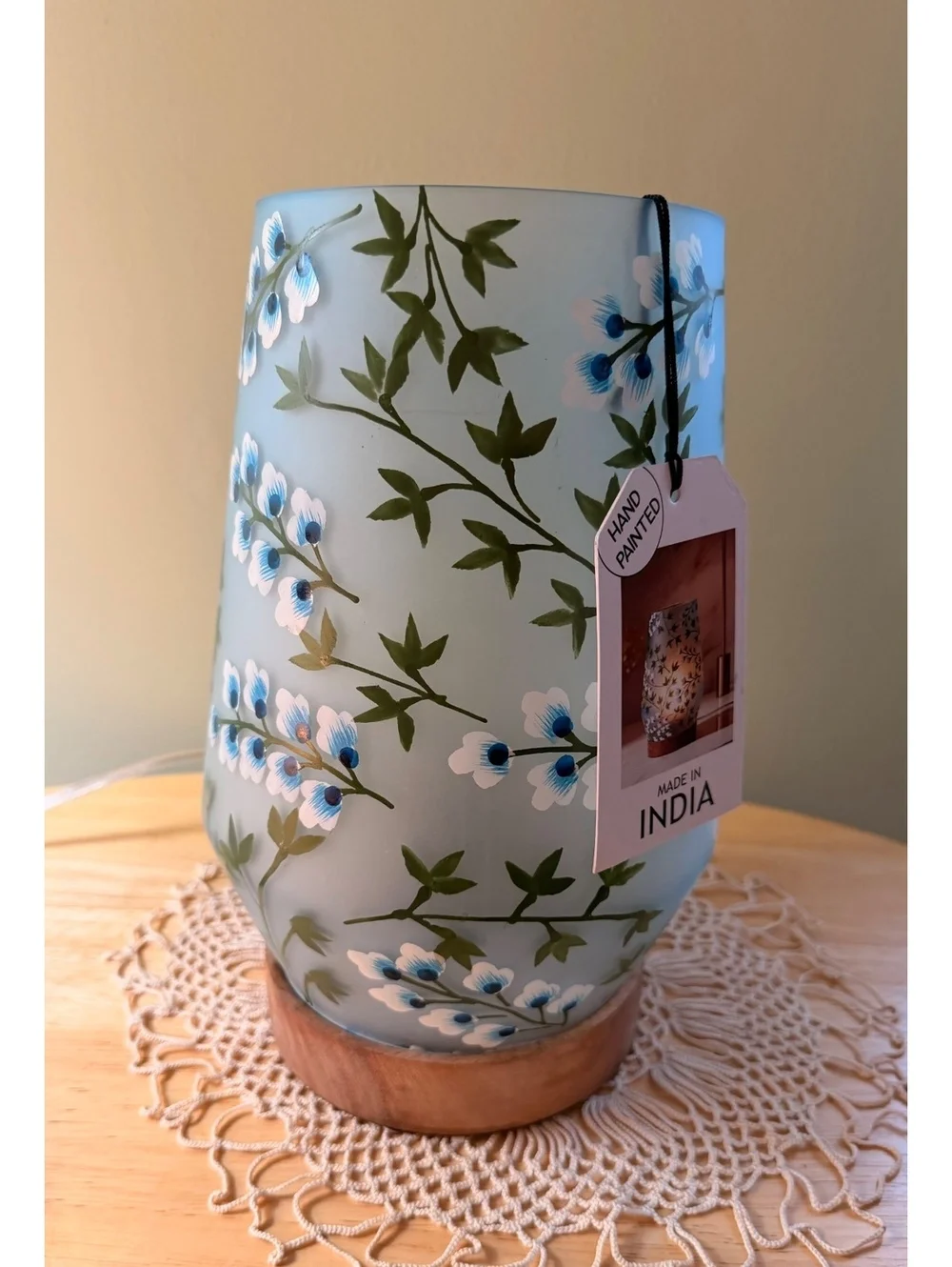 Hand Painted Floral Table Lamp with Wooden Base - Made in India